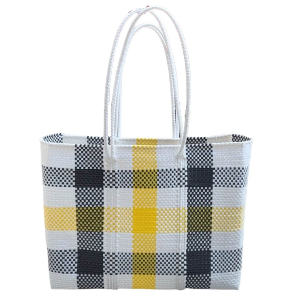 NWOT HANDWOVEN & SUSTAINABLE OVERSIZED TOTE BAG IN YELLOW, BLACK & WHITE MEXICAN